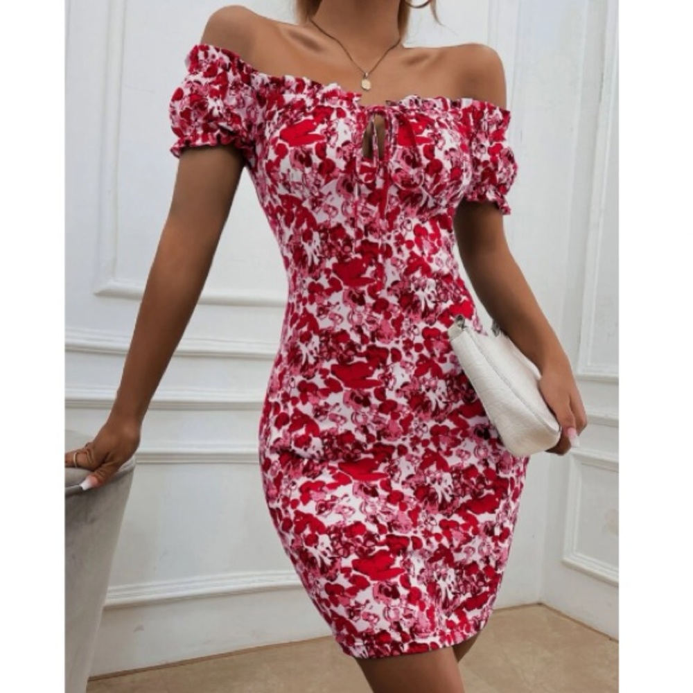 Boho Blue Floral Print Off Shoulder Bodycon Dress - Picture 4 of 11